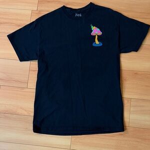 Black Short Sleeve Tee with Colorful Mushroom Design